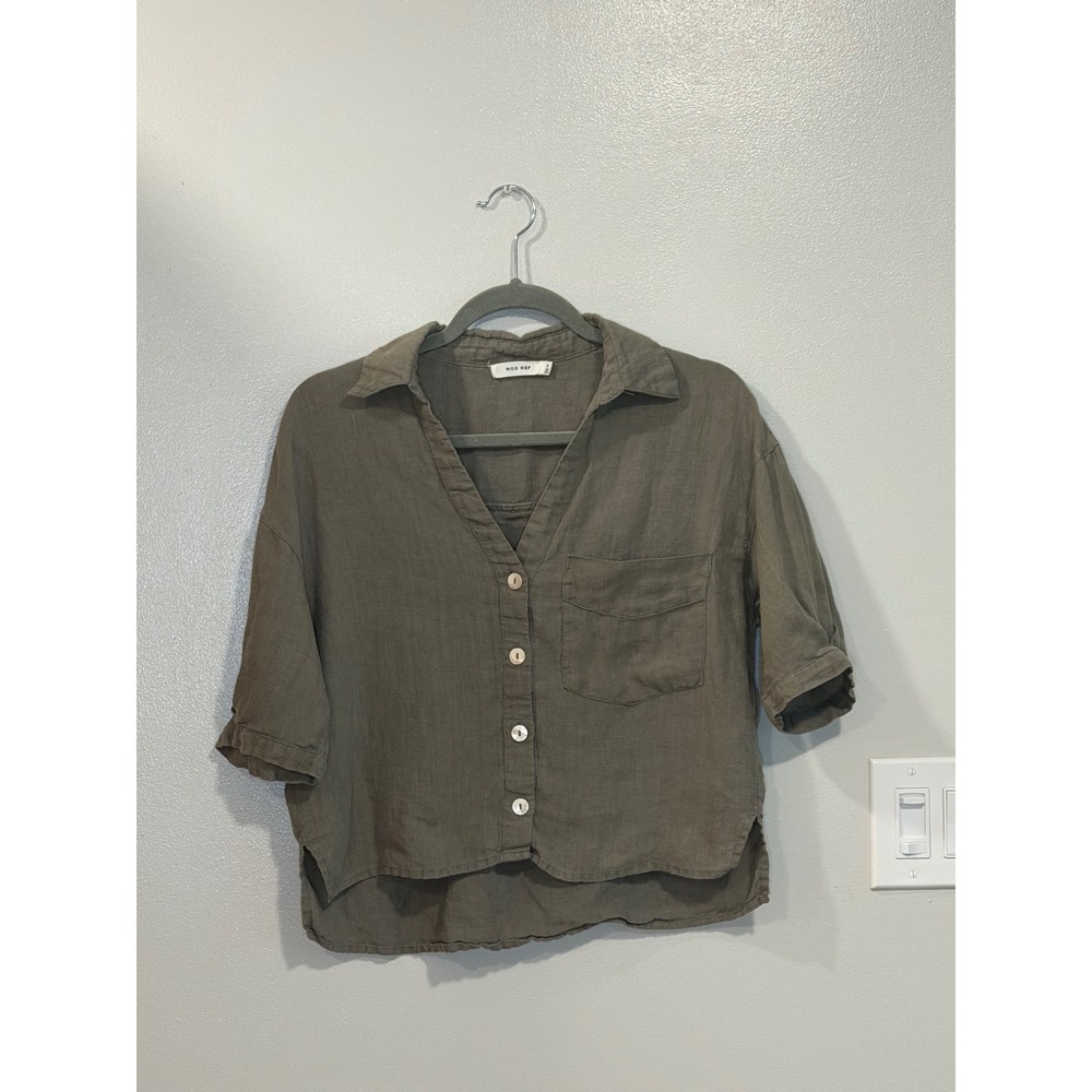 Mod Ref Womens Small Olive Green 100% Linen Short Sleeve Button Down Crop Shirt